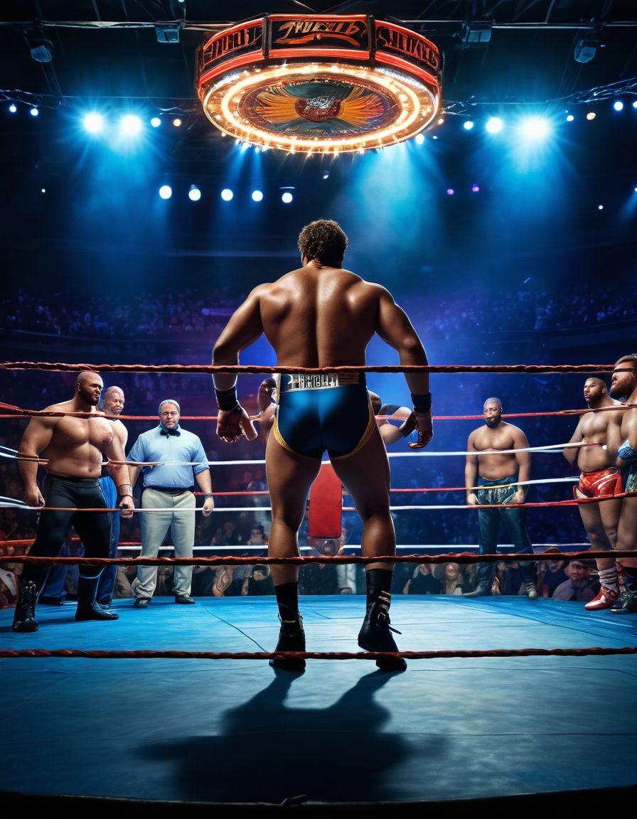 A dynamic scene capturing a wrestling ring illuminated by bright lights, with a diverse group of wrestlers showcasing their unique styles in the foreground. Include energetic spectators in the background, giving a sense of excitement and tension. Utilize bold colors to emphasize the action, and add elements like championship belts and wrestling gear scattered around. super-realistic. vibrant colors. high-energy atmosphere.