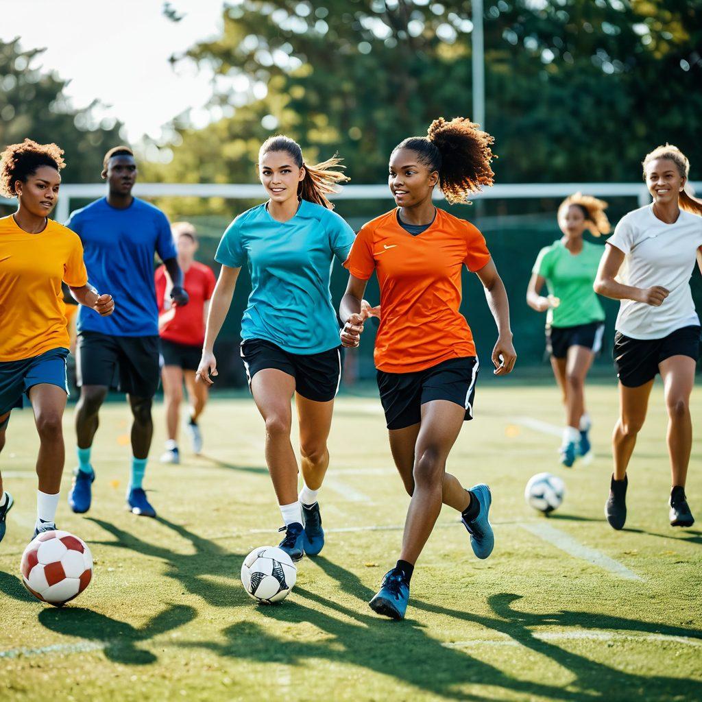 A dynamic scene showcasing a diverse group of athletes practicing their skills on a vibrant sports field, emphasizing teamwork and determination. Include various sports equipment scattered around, like soccer balls, basketballs, and tennis racquets. Capture the intensity and focus of the athletes as they master their techniques. The background features a cheering crowd in soft focus, adding to the energetic atmosphere. vibrant colors. 3D.
